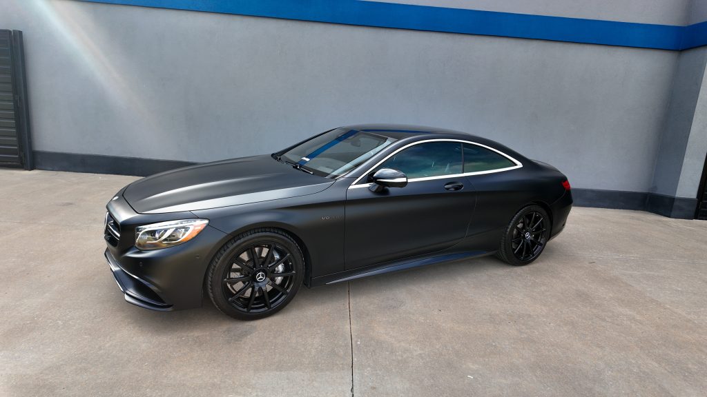 2017 Mercedes-AMG S63 finished in satin black vinyl wrap with black wheels customized by Apex Custom Innovations