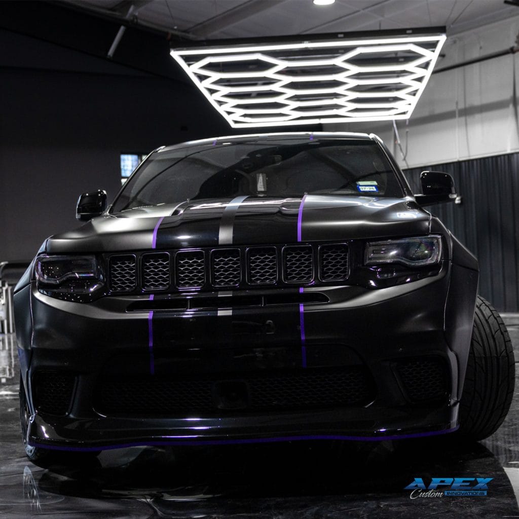 2018 Jeep Grand Cherokee Trackhawk with Vossen HFX-1 wheels, Nitto tires, matte black wrap, and Waido widebody kit built by Apex Custom Innovations in Dallas Texas
